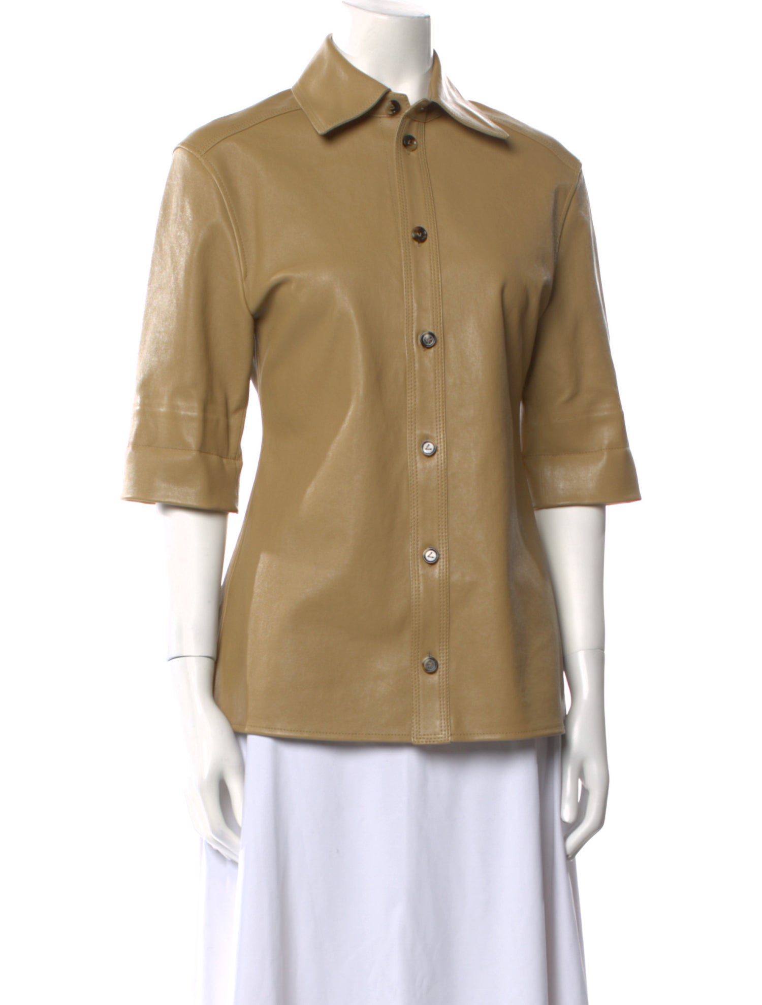 Bottega Veneta Leather Three-Quarter Sleeve Button-Up Top